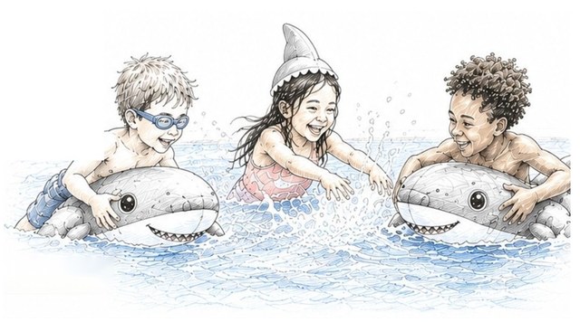 Children playing together in a swimming pool with shark floats